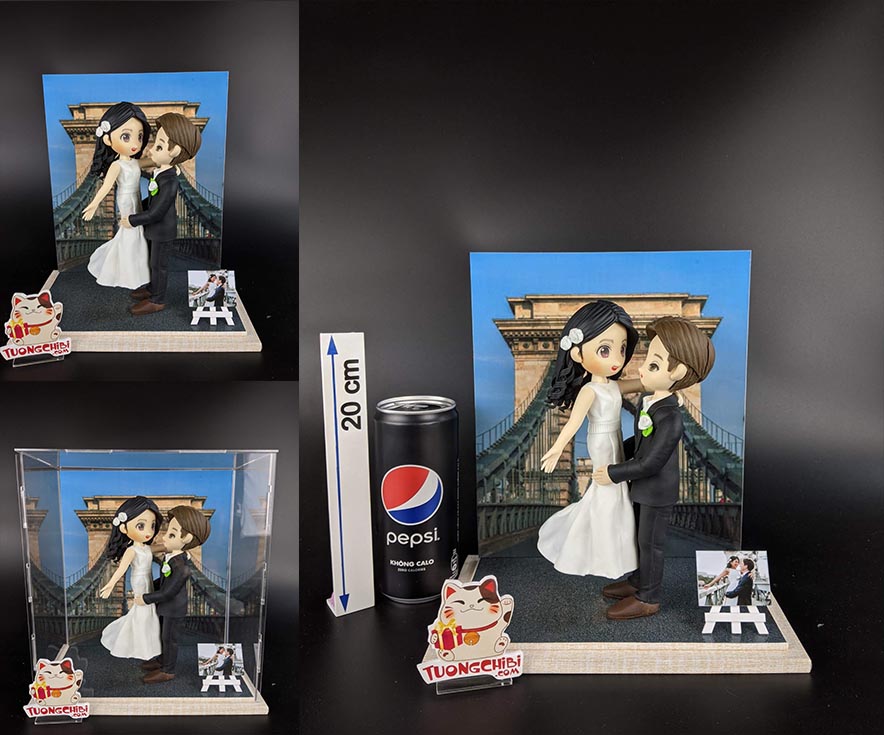 TƯỢNG CHIBI CƯỚI CÔ DÂU CHÚ RỂ (KÈM DỰNG CẢNH, HỘP MICA VÀ ĐÈN)